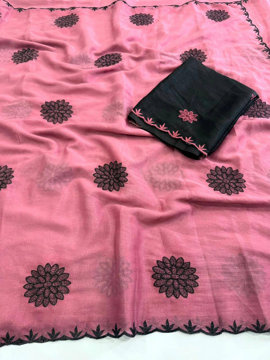 Pink Star Georgette Embroidery Wedding Reception Party Festival Casual Heavy Border Sarees