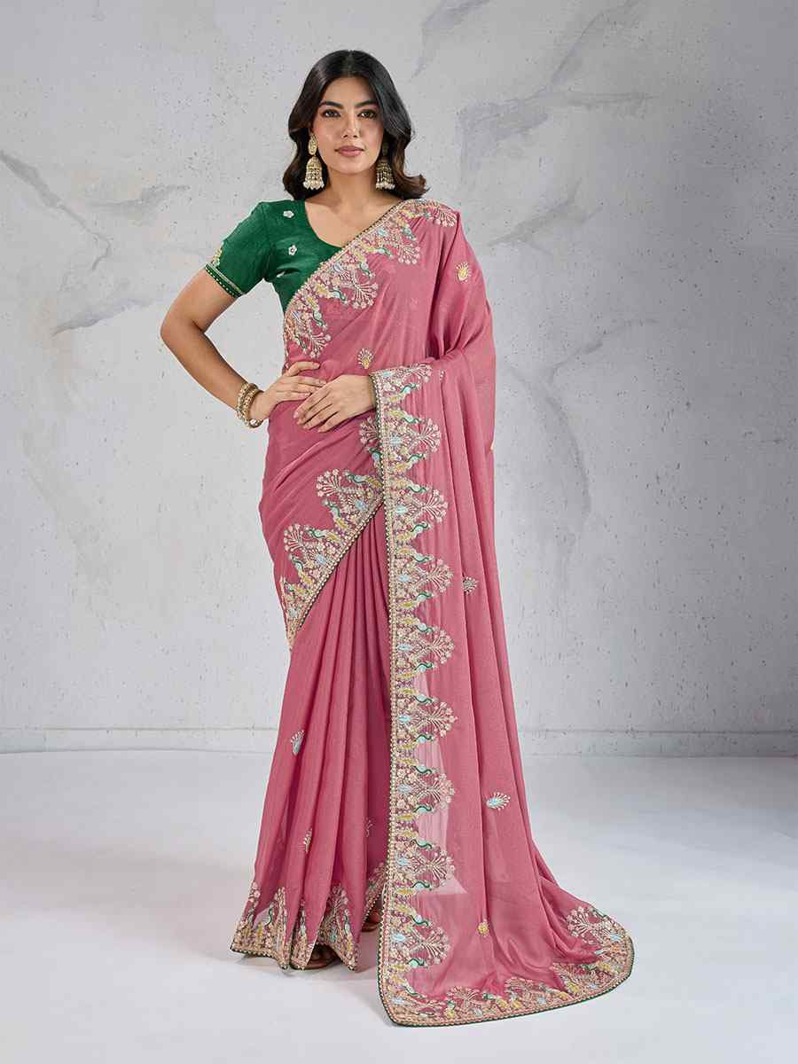 Pink Star Georgette Silk Embroidery Traditional Bridal Reception Festival Wedding Fancy Heavy Border Saree