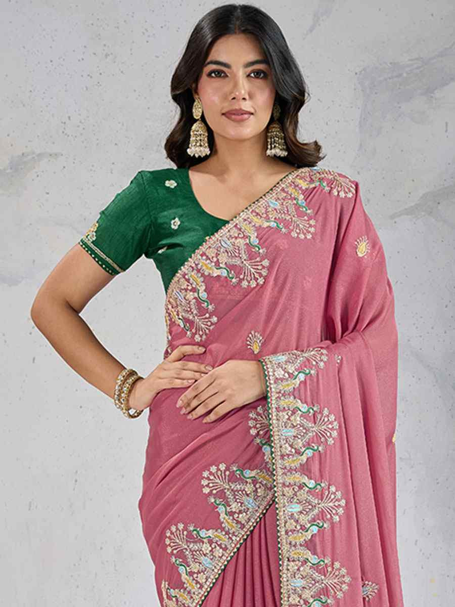 Pink Star Georgette Silk Embroidery Traditional Bridal Reception Festival Wedding Fancy Heavy Border Saree
