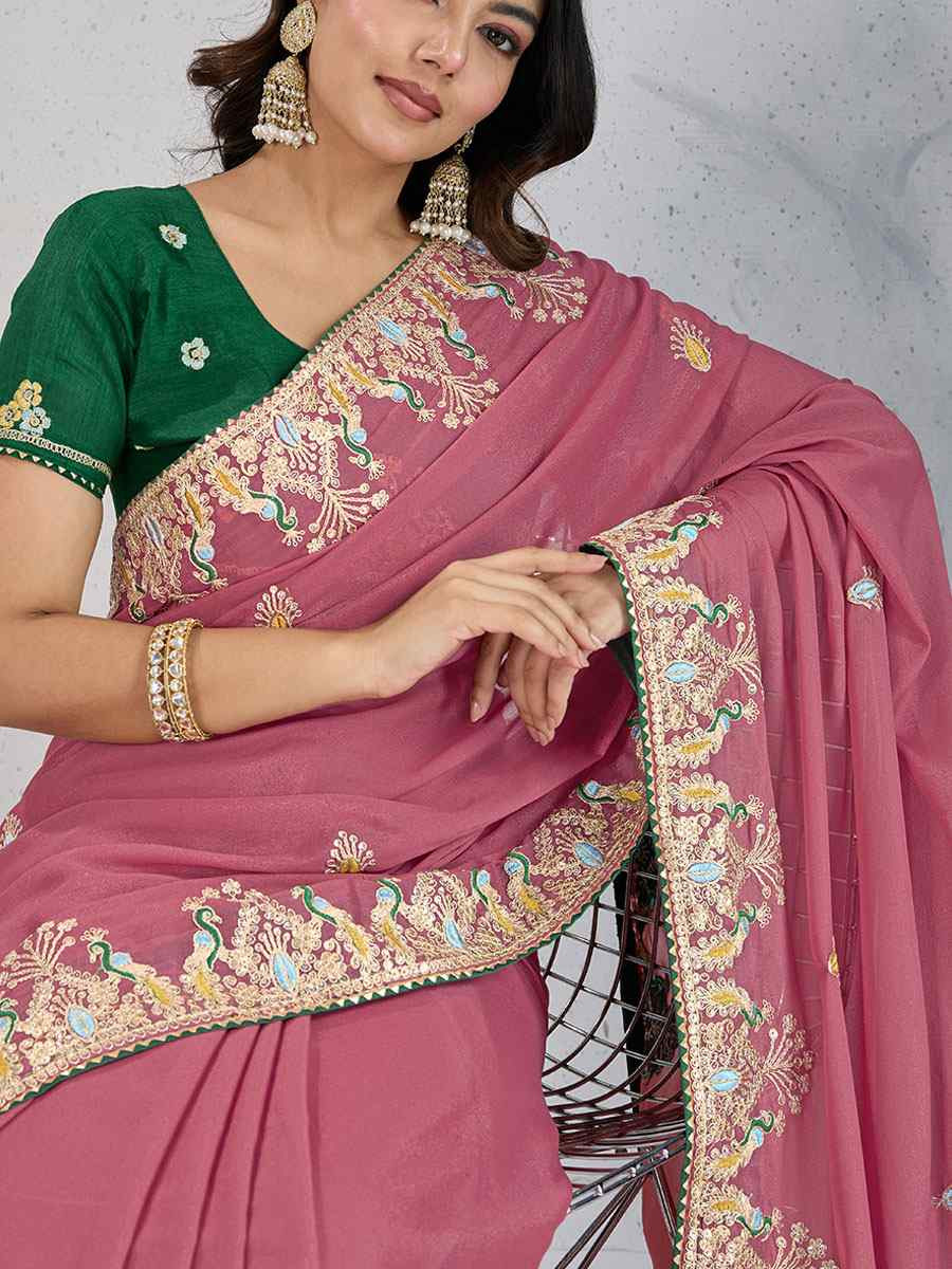 Pink Star Georgette Silk Embroidery Traditional Bridal Reception Festival Wedding Fancy Heavy Border Saree