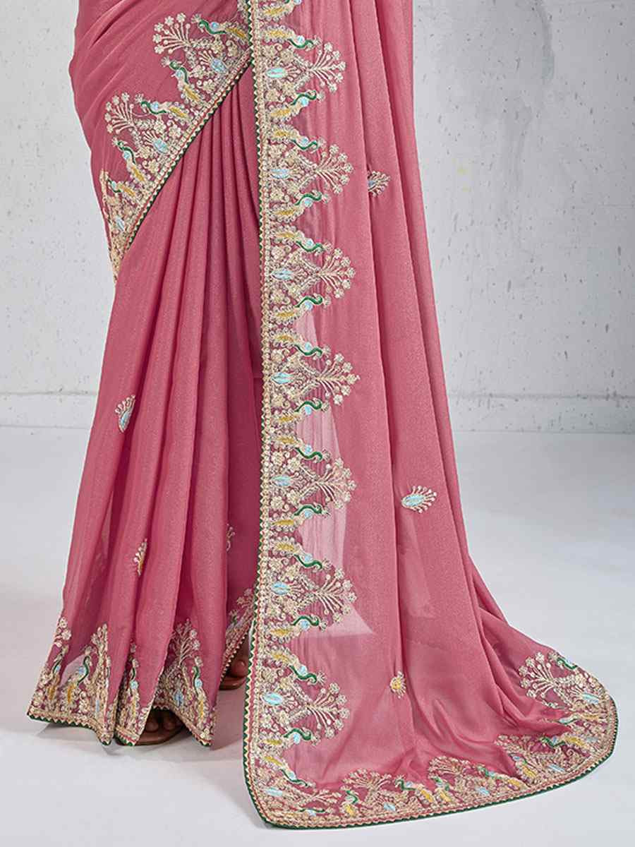 Pink Star Georgette Silk Embroidery Traditional Bridal Reception Festival Wedding Fancy Heavy Border Saree