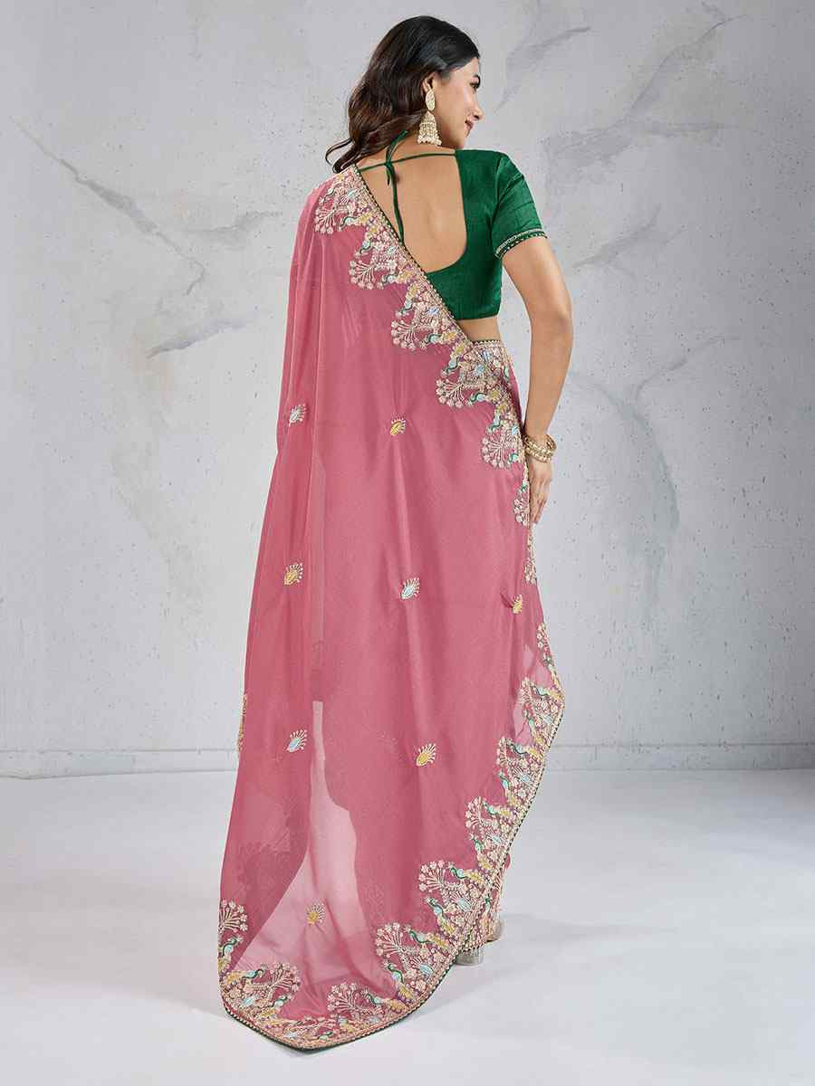Pink Star Georgette Silk Embroidery Traditional Bridal Reception Festival Wedding Fancy Heavy Border Saree