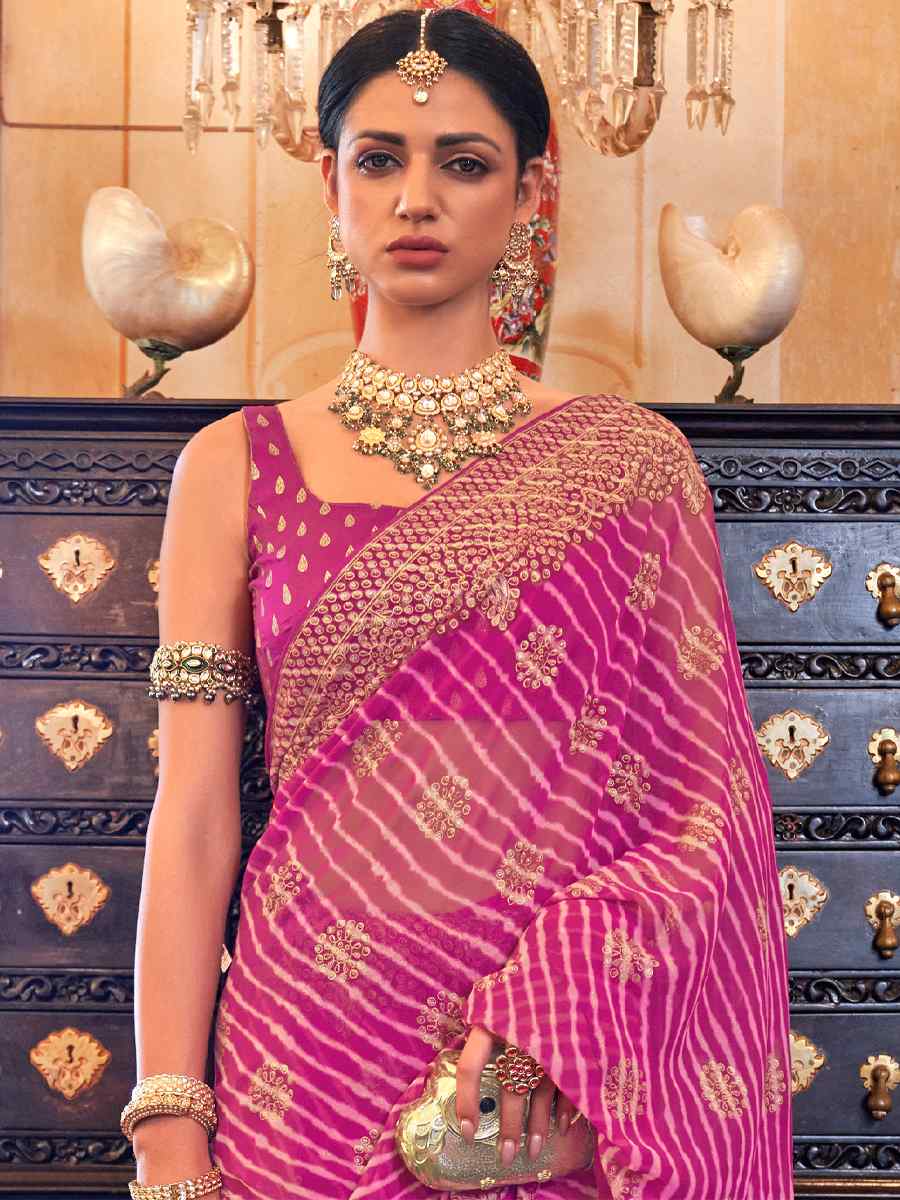 Pink Super Georgette Handwoven Party Festival Heavy Border Saree