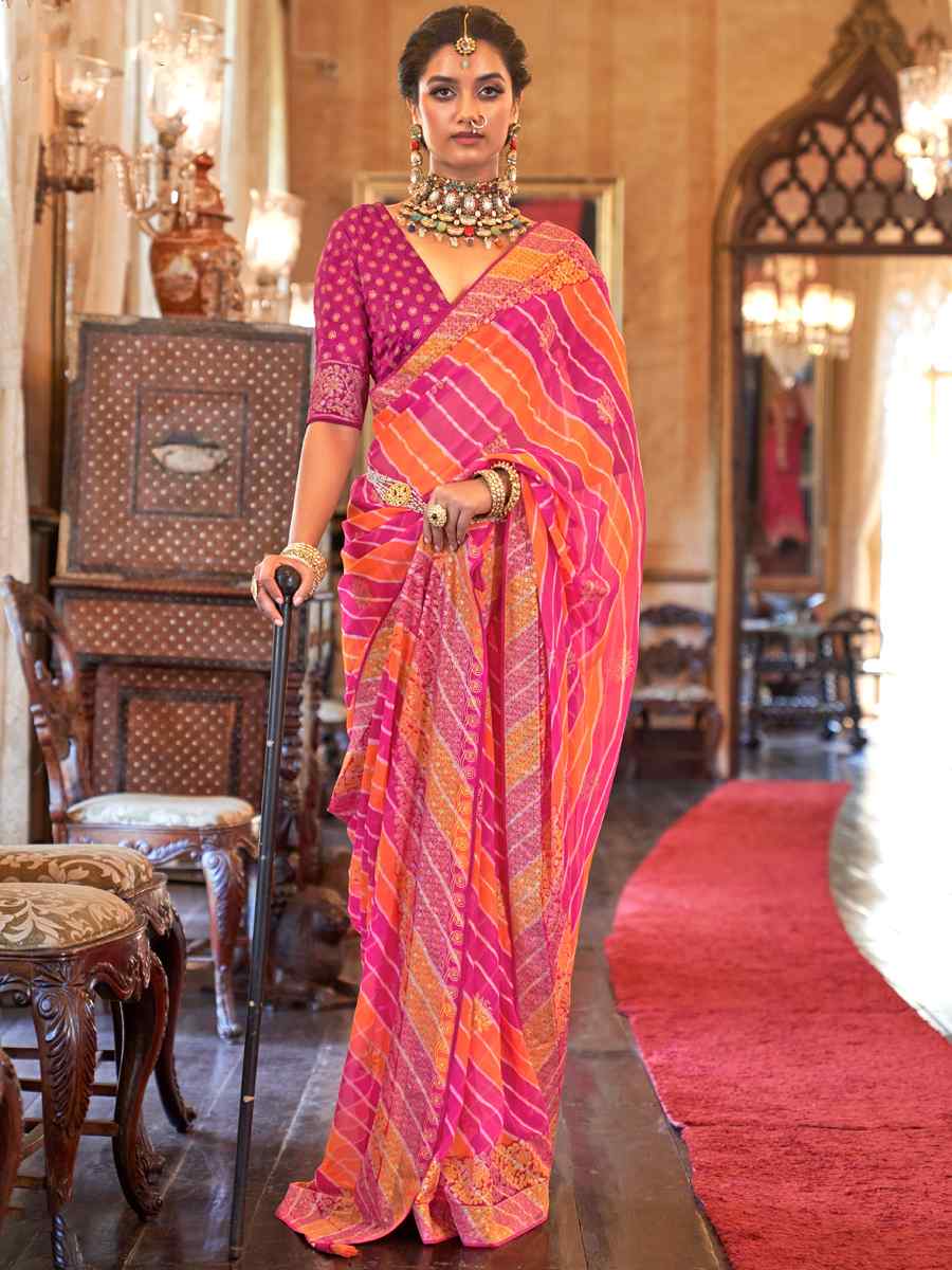 Pink Super Georgette Handwoven Party Festival Heavy Border Saree
