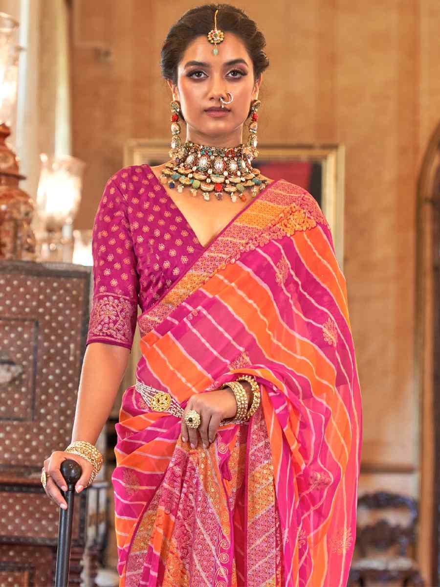Pink Super Georgette Handwoven Party Festival Heavy Border Saree