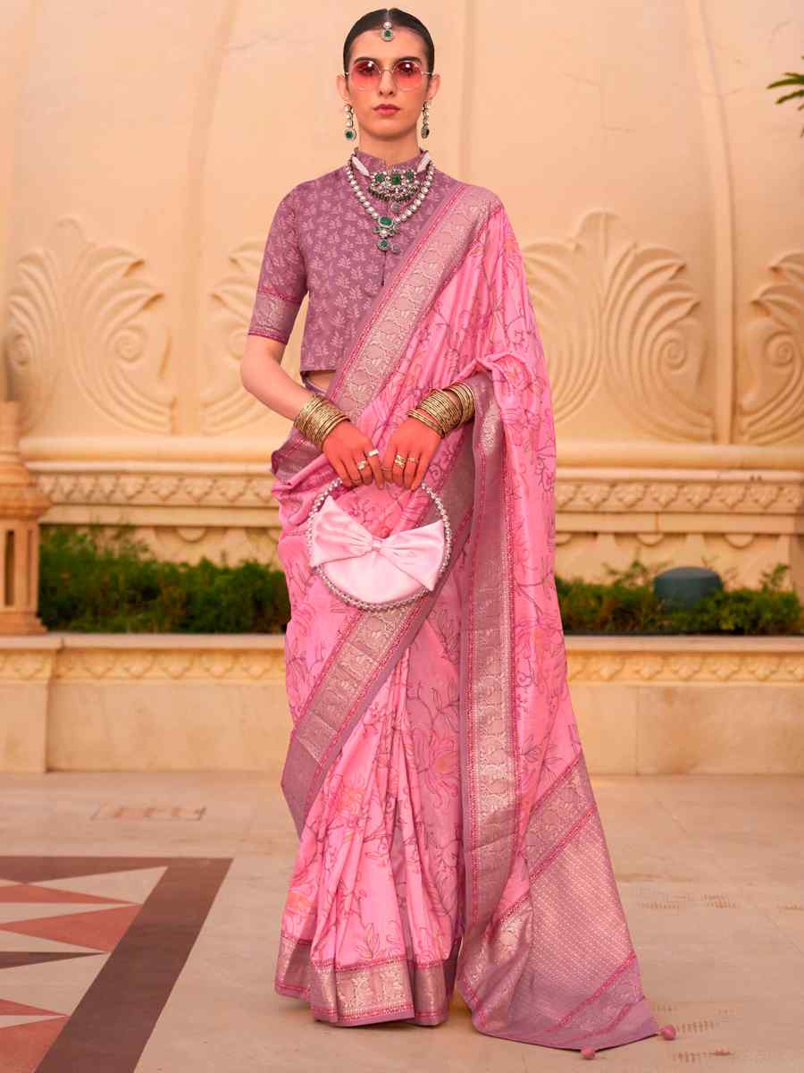 Pink Super Silk  Handwoven Festival Casual Heavy Border Saree