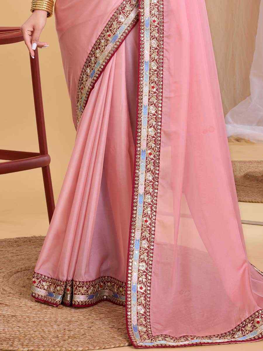 Pink Taby Organza Silk Embroidered Bridesmaid Reception Heavy Border Saree