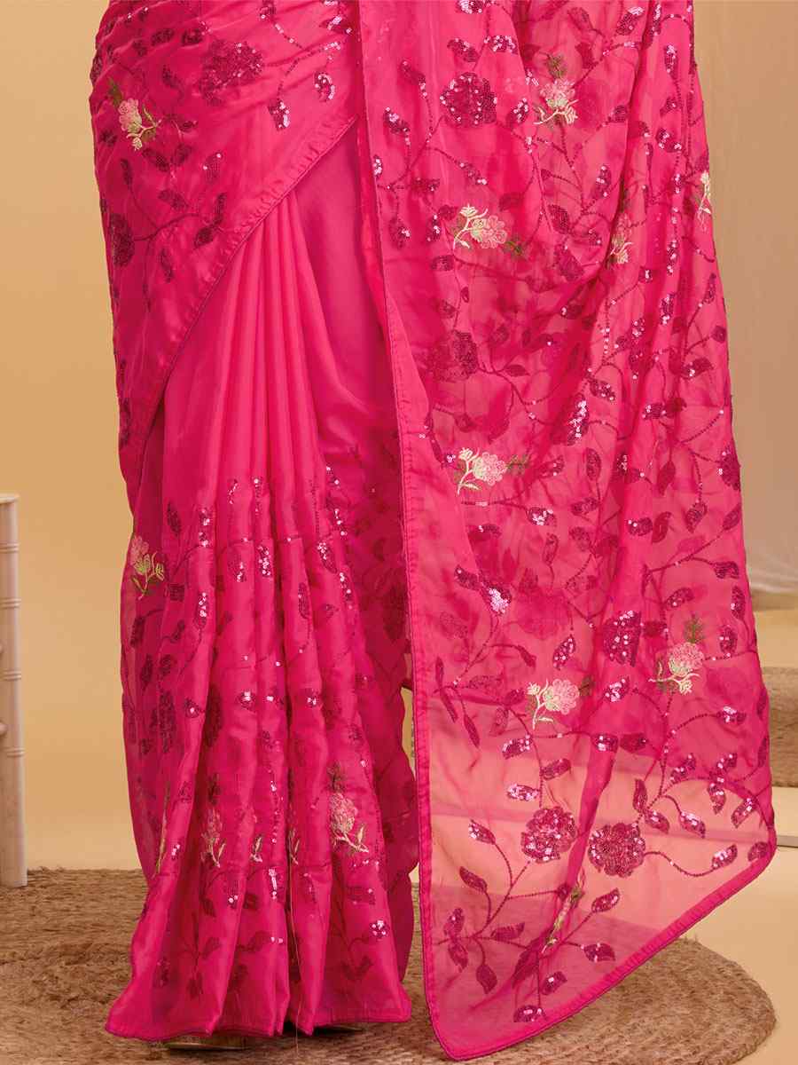Pink Taby Organza Silk Embroidered Party Reception Heavy Border Saree