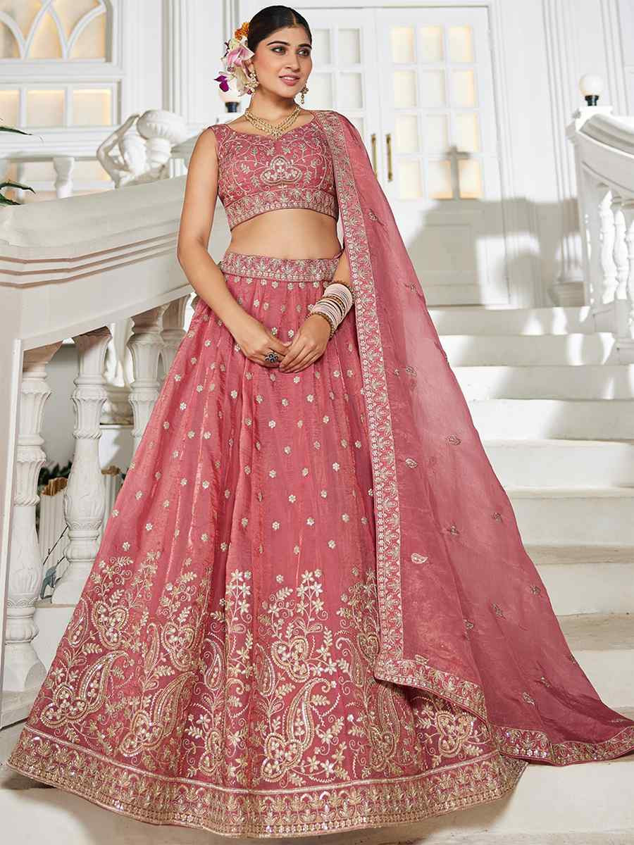Pink Tissue Embroidered Festival Reception Wedding Party Wear Heavy Border Lehenga Choli