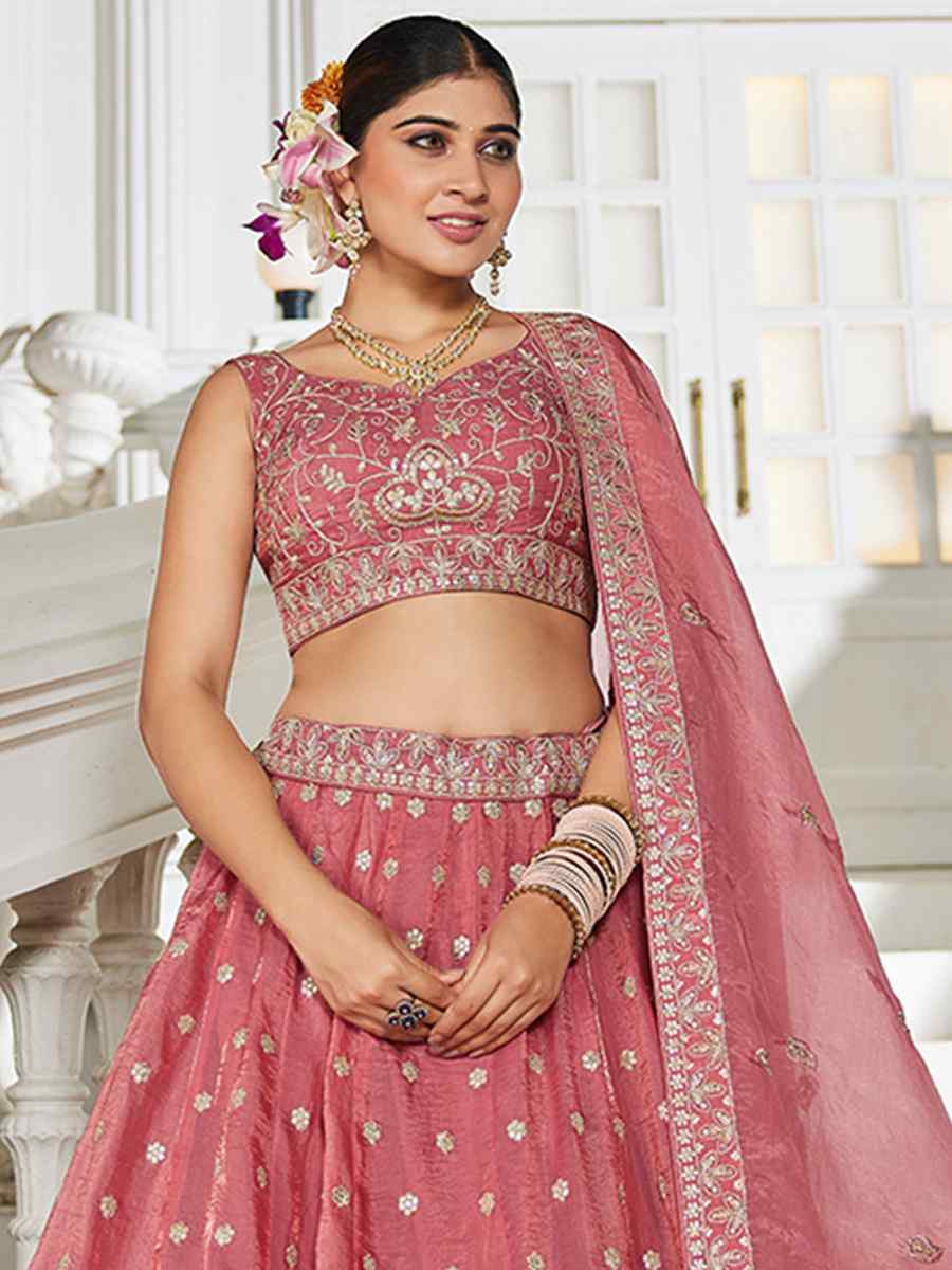 Pink Tissue Embroidered Festival Reception Wedding Party Wear Heavy Border Lehenga Choli