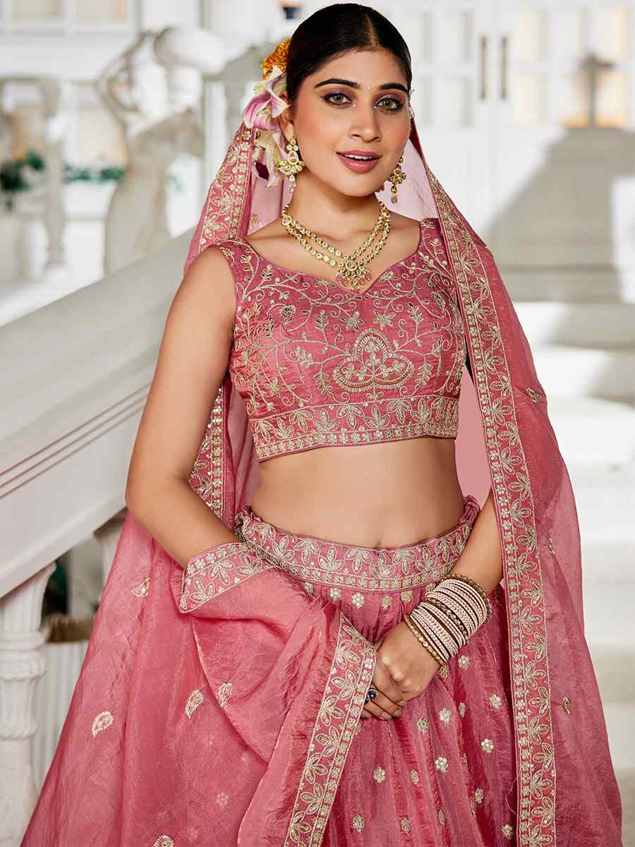 Pink Tissue Embroidered Festival Reception Wedding Party Wear Heavy Border Lehenga Choli