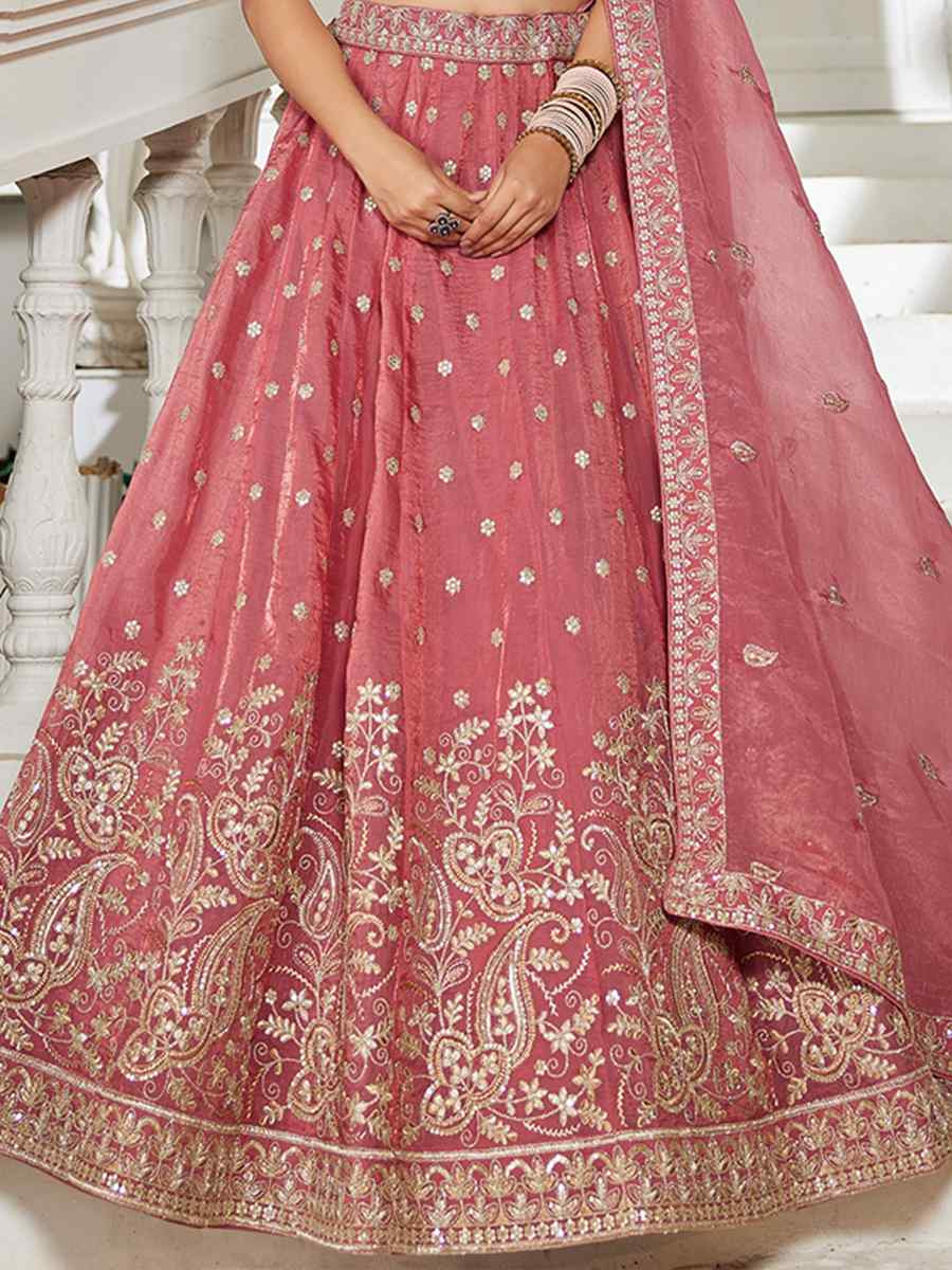 Pink Tissue Embroidered Festival Reception Wedding Party Wear Heavy Border Lehenga Choli