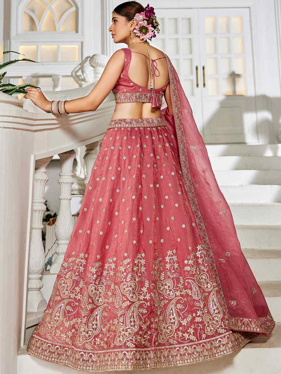 Pink Tissue Embroidered Festival Reception Wedding Party Wear Heavy Border Lehenga Choli