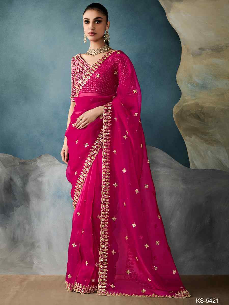 Pink Tissue Embroidered Festival Wedding Fancy Heavy Border Saree