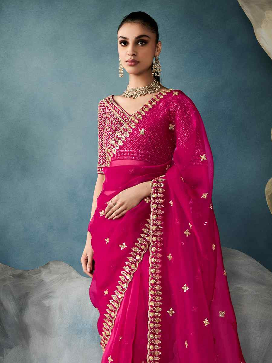 Pink Tissue Embroidered Festival Wedding Fancy Heavy Border Saree