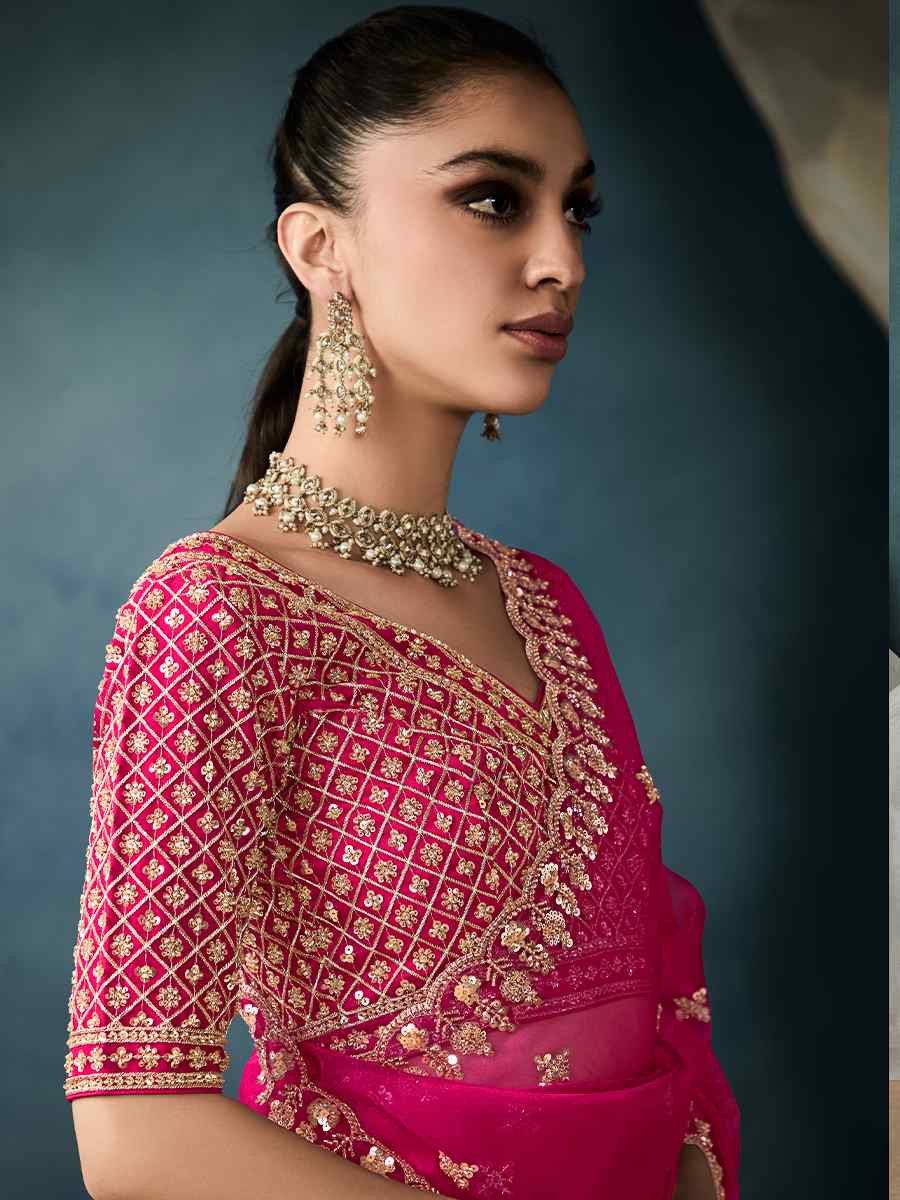 Pink Tissue Embroidered Festival Wedding Fancy Heavy Border Saree