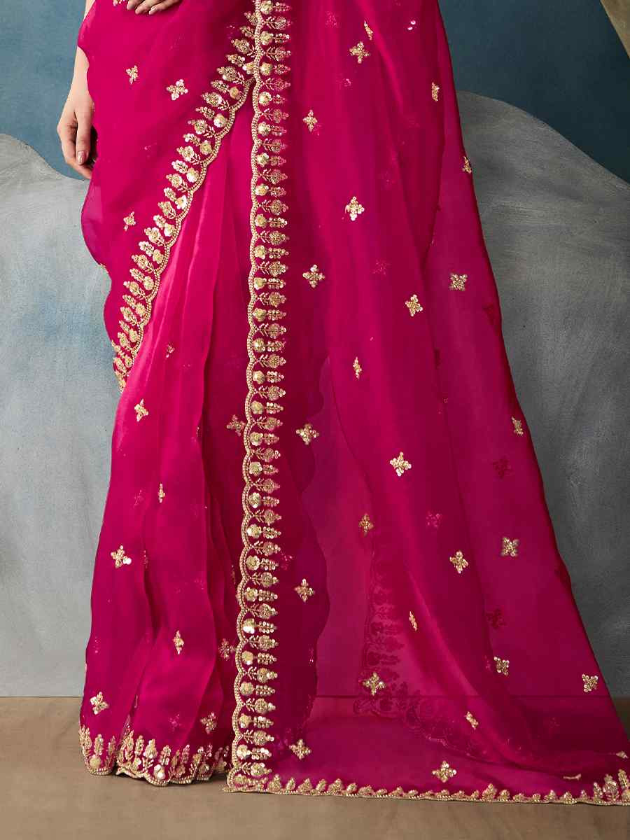 Pink Tissue Embroidered Festival Wedding Fancy Heavy Border Saree