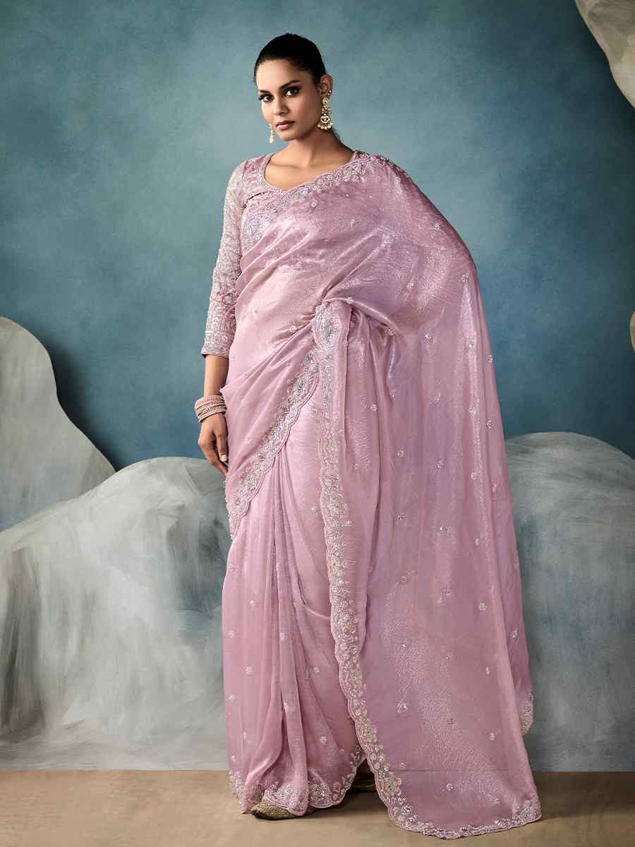 Pink Tissue Embroidered Festival Wedding Fancy Heavy Border Saree