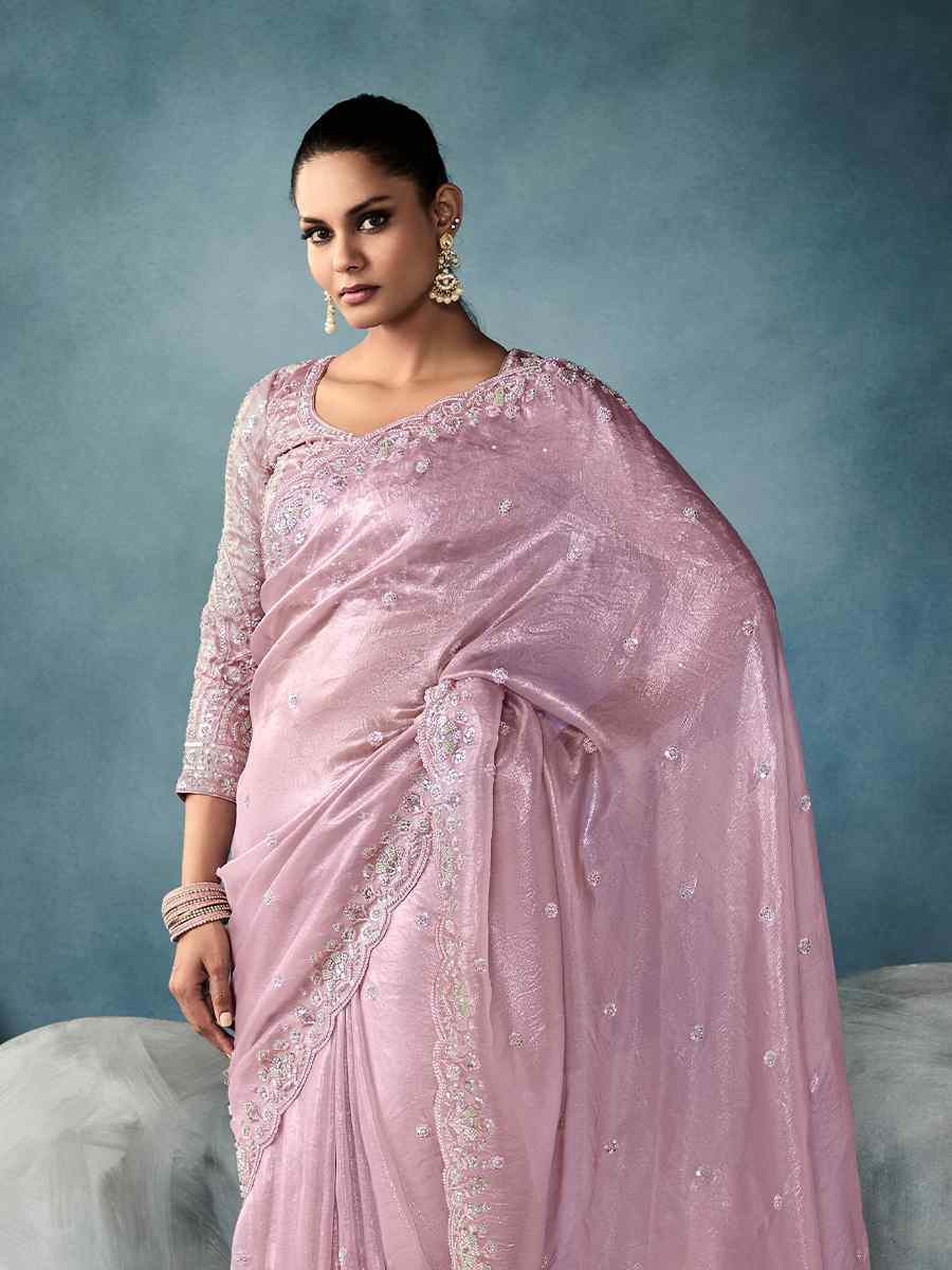 Pink Tissue Embroidered Festival Wedding Fancy Heavy Border Saree