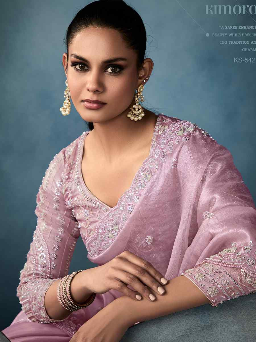 Pink Tissue Embroidered Festival Wedding Fancy Heavy Border Saree