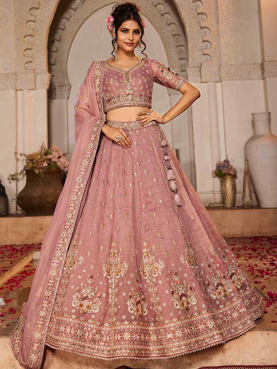 Pink Tissue Embroidered Reception Wedding Heavy Border Lehenga Choli