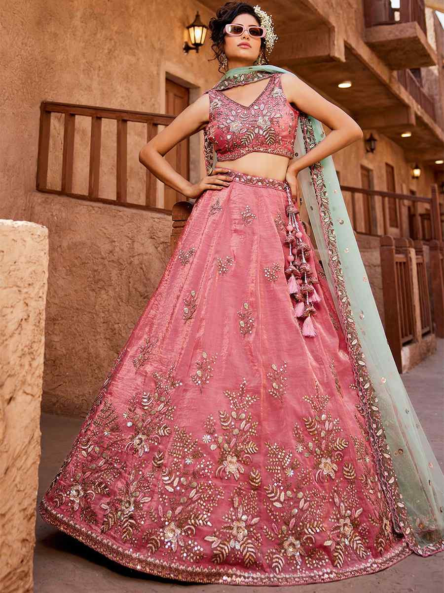 Pink Tissue Embroidered Reception Wedding Heavy Border Lehenga Choli