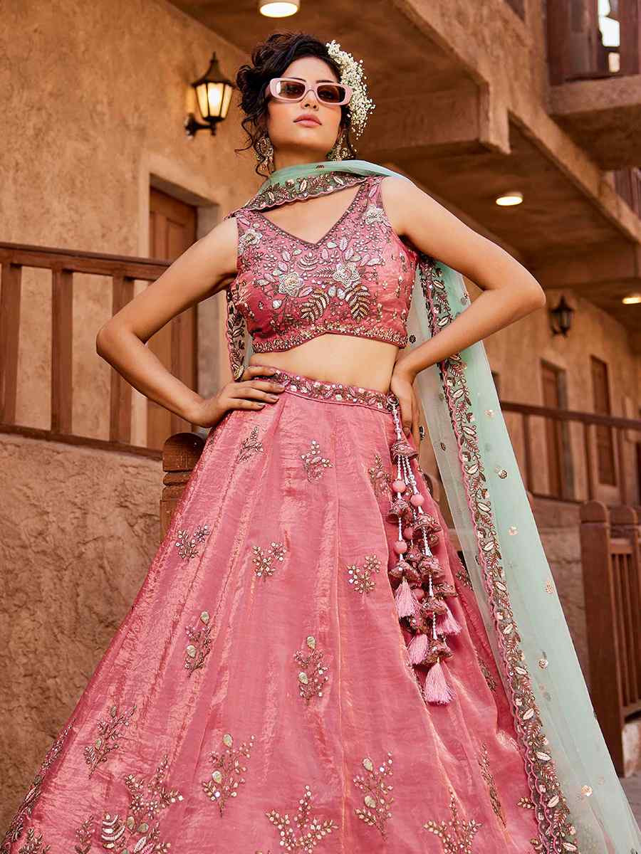Pink Tissue Embroidered Reception Wedding Heavy Border Lehenga Choli