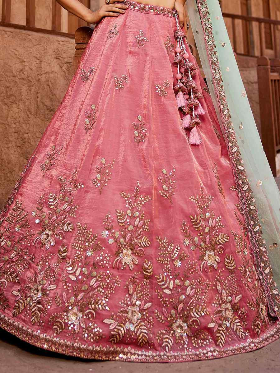 Pink Tissue Embroidered Reception Wedding Heavy Border Lehenga Choli
