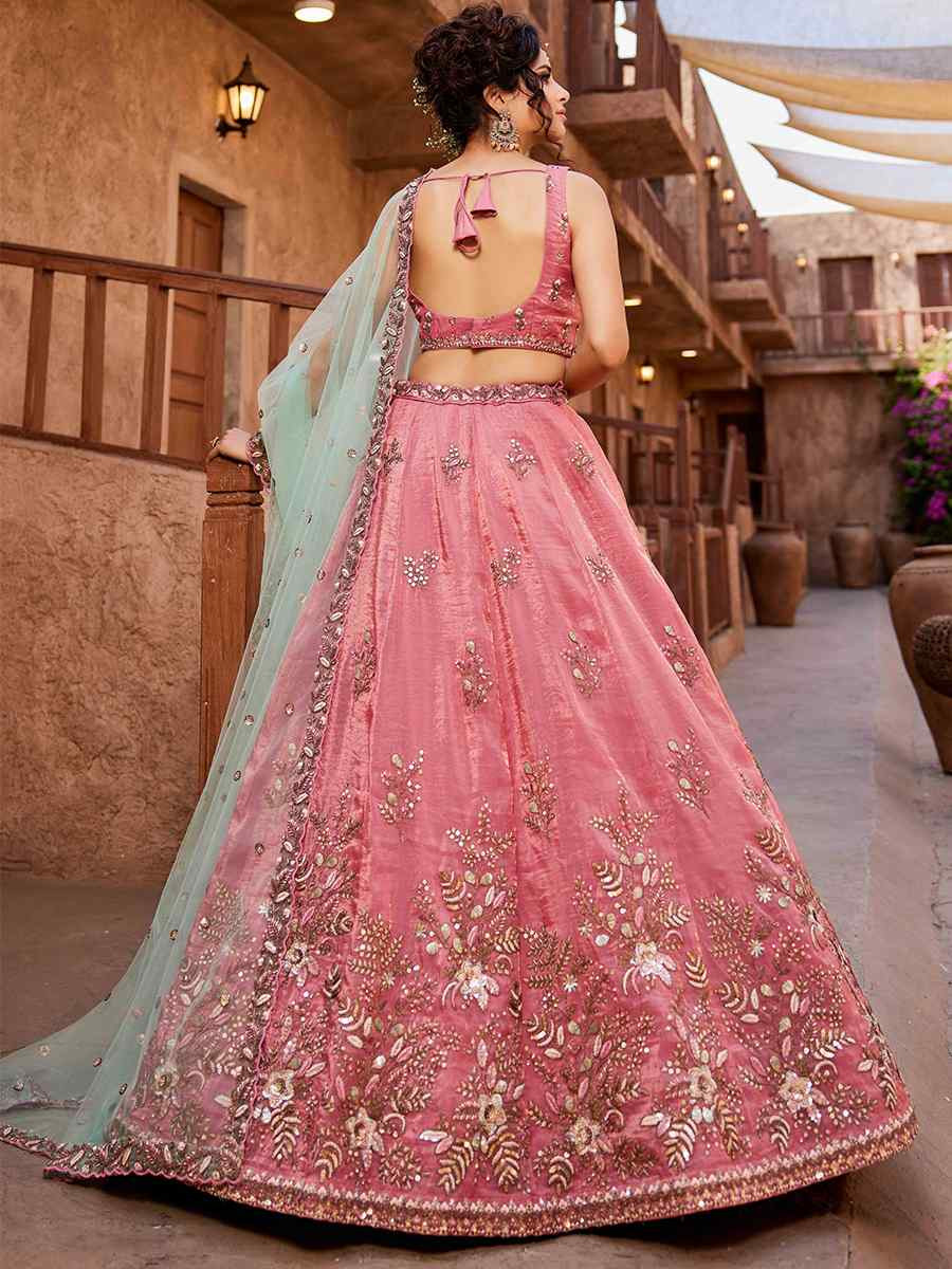 Pink Tissue Embroidered Reception Wedding Heavy Border Lehenga Choli