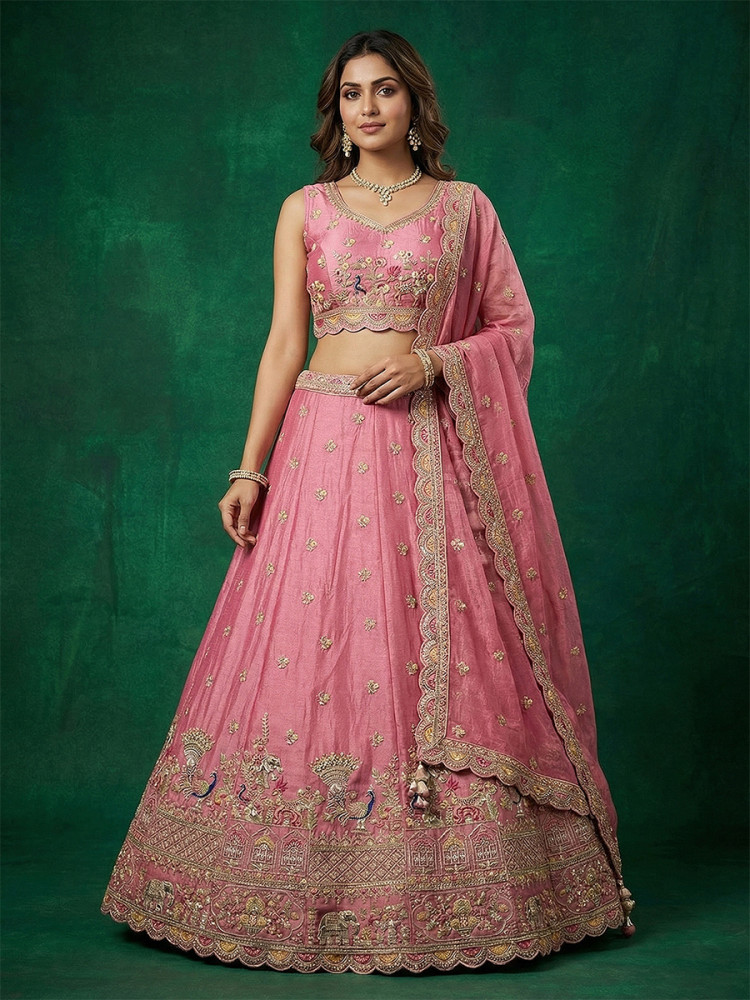 Image of Pink Tissue Embroidery Wedding Reception Party Festival Heavy Border Lehenga Choli