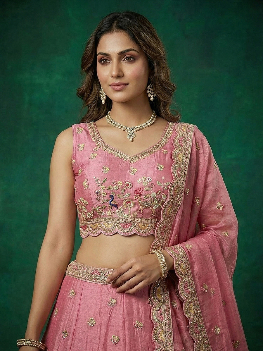 Pink Tissue Embroidery Wedding Reception Party Festival Heavy Border Lehenga Choli