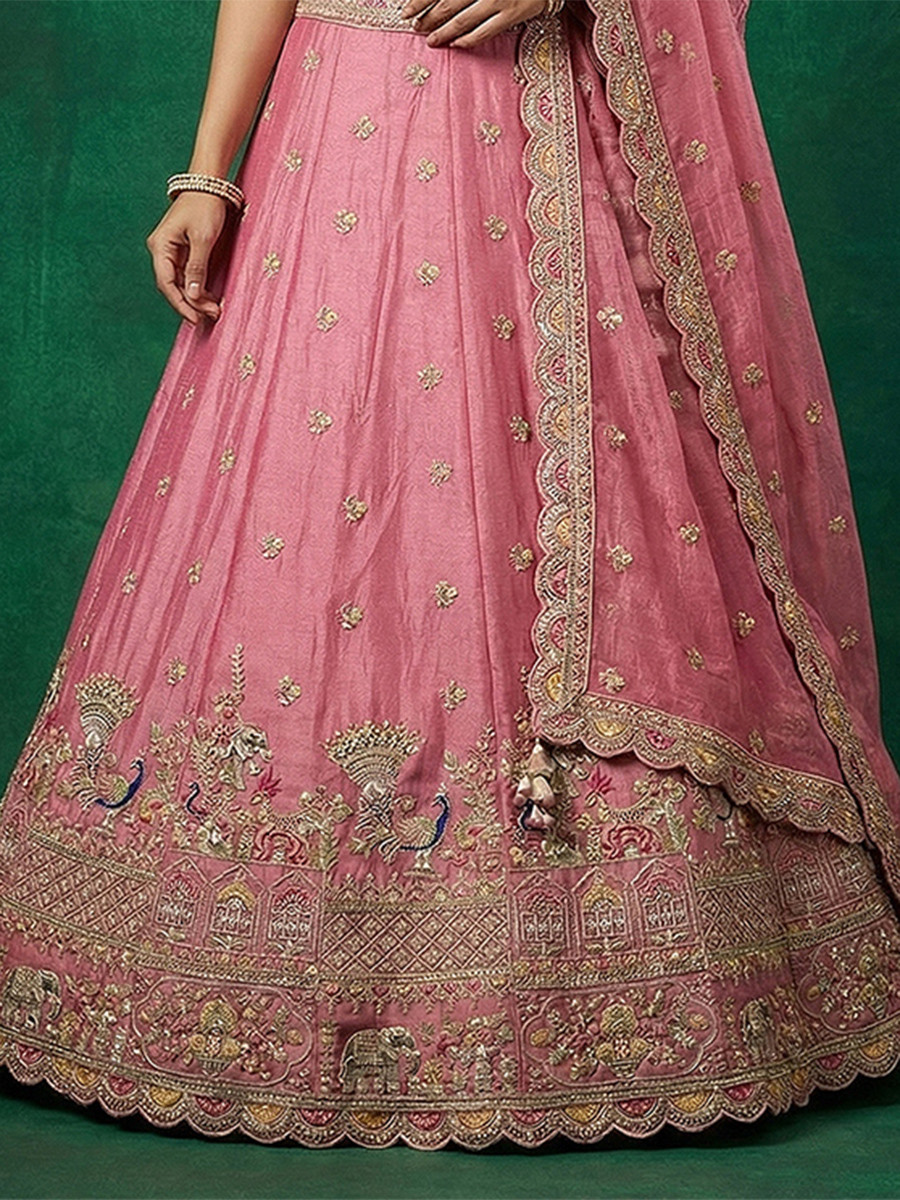Pink Tissue Embroidery Wedding Reception Party Festival Heavy Border Lehenga Choli