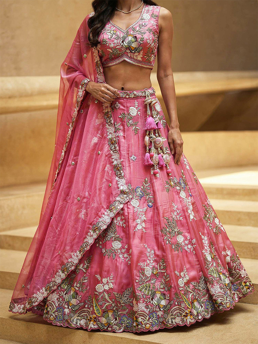 Pink Tissue Embroidery Wedding Reception Party Festival Heavy Border Lehenga Choli