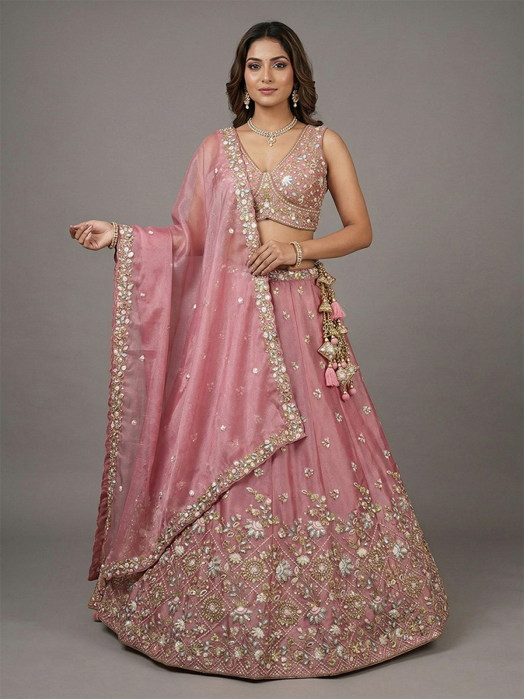 Image of Pink Tissue Embroidery Wedding Reception Party Festival Heavy Border Lehenga Choli