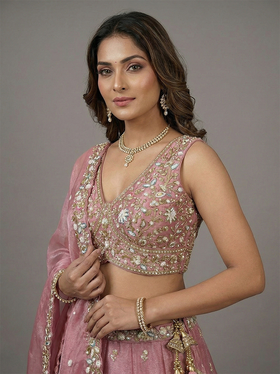 Pink Tissue Embroidery Wedding Reception Party Festival Heavy Border Lehenga Choli