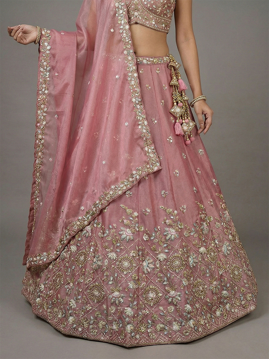 Pink Tissue Embroidery Wedding Reception Party Festival Heavy Border Lehenga Choli