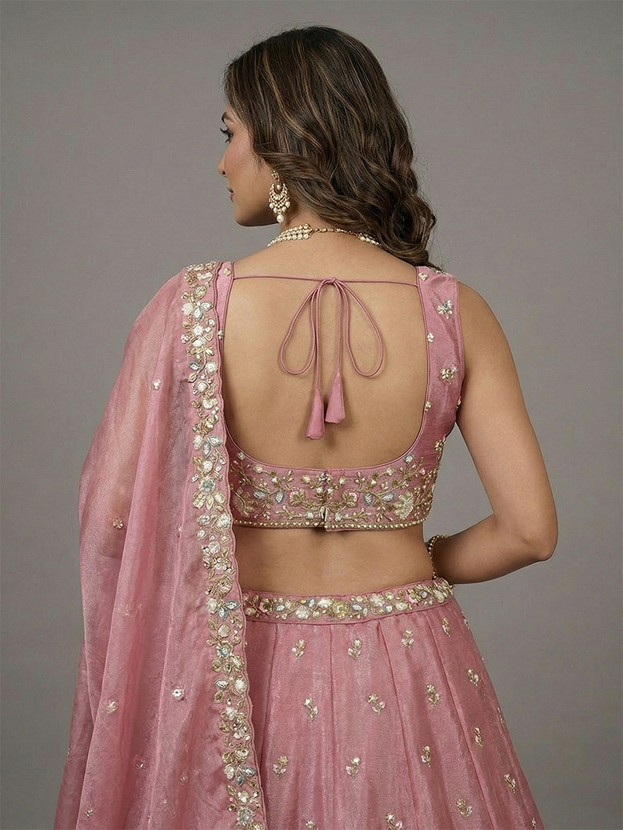 Pink Tissue Embroidery Wedding Reception Party Festival Heavy Border Lehenga Choli