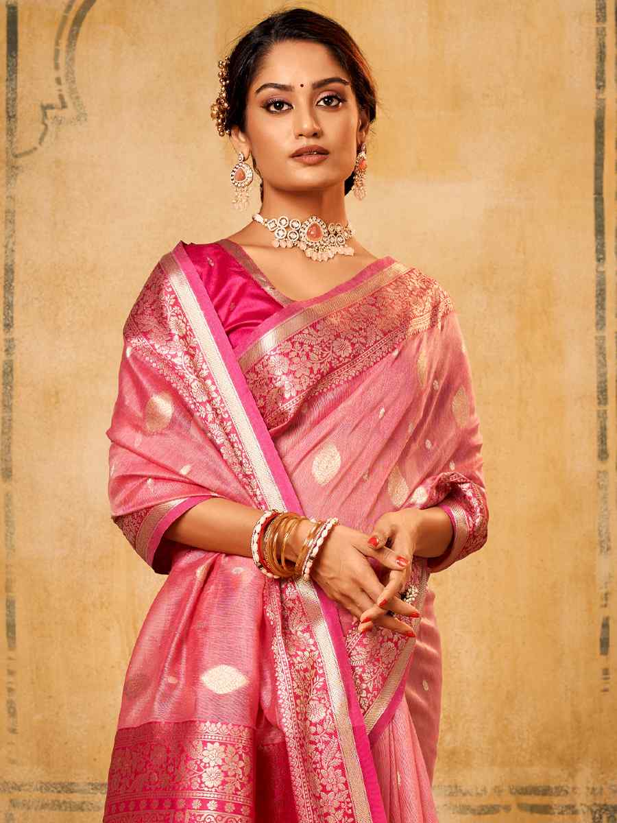 Pink Tissue Handwoven Wedding Festival Heavy Border Saree