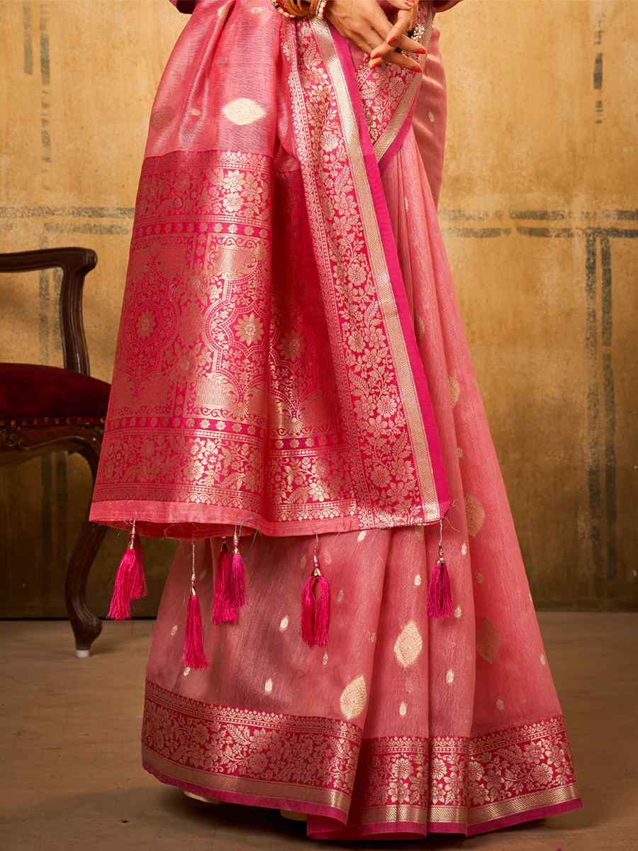 Pink Tissue Handwoven Wedding Festival Heavy Border Saree