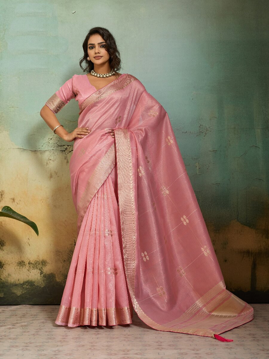 Pink Tissue Infused Linen Silk Zari Woven Work Wedding Reception Party Festival Casual Heavy Border Sarees