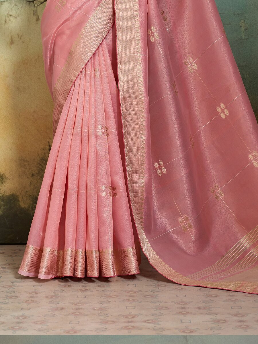Pink Tissue Infused Linen Silk Zari Woven Work Wedding Reception Party Festival Casual Heavy Border Sarees