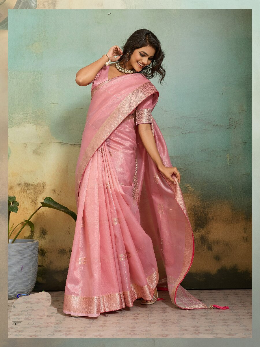 Pink Tissue Infused Linen Silk Zari Woven Work Wedding Reception Party Festival Casual Heavy Border Sarees