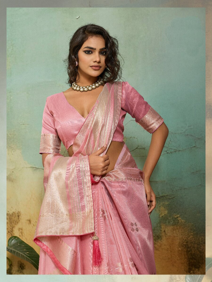Pink Tissue Infused Linen Silk Zari Woven Work Wedding Reception Party Festival Casual Heavy Border Sarees