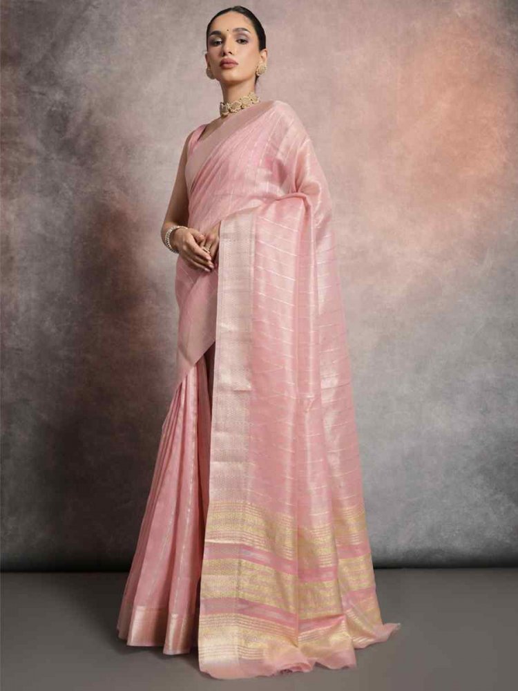 Pink Tissue Linen Handwoven Casual Festival Classic Style Saree