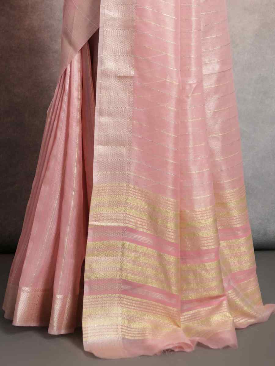 Pink Tissue Linen Handwoven Casual Festival Classic Style Saree