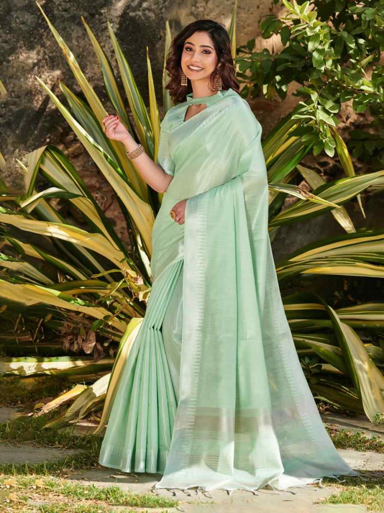 Sea Green Tissue Linen Handwoven Party Festival Heavy Border Saree