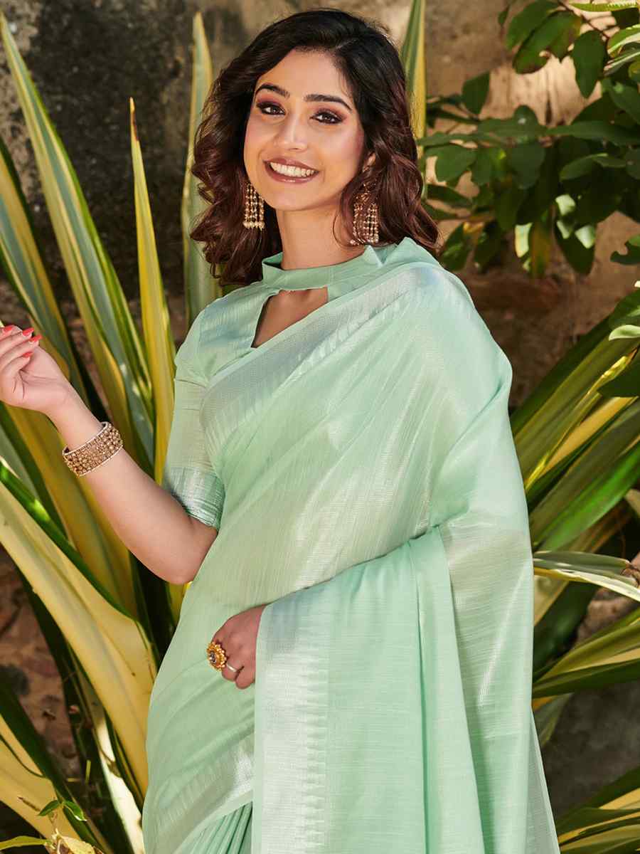 Sea Green Tissue Linen Handwoven Party Festival Heavy Border Saree
