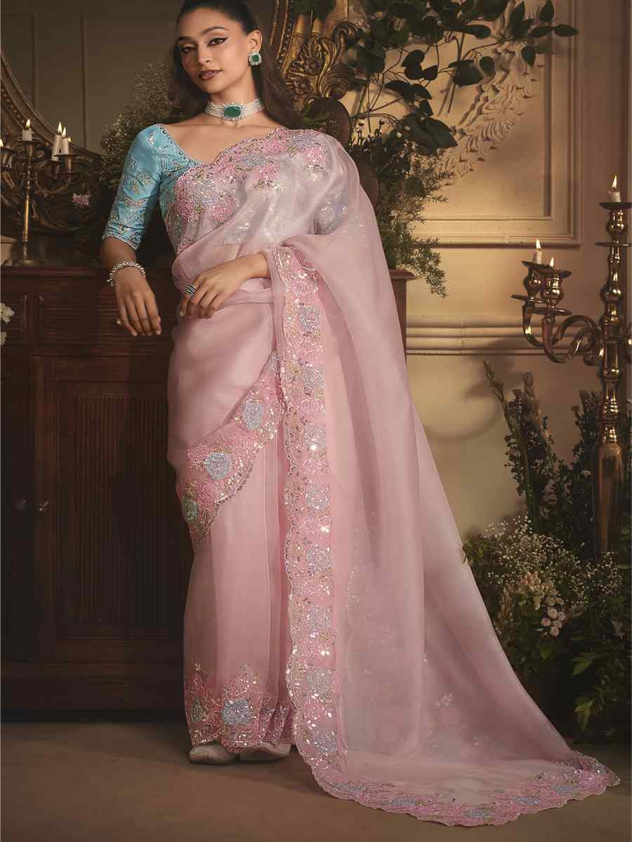 Pink Tissue Organza Embroidery Traditional Bridal Reception Festival Wedding Fancy Heavy Border Saree