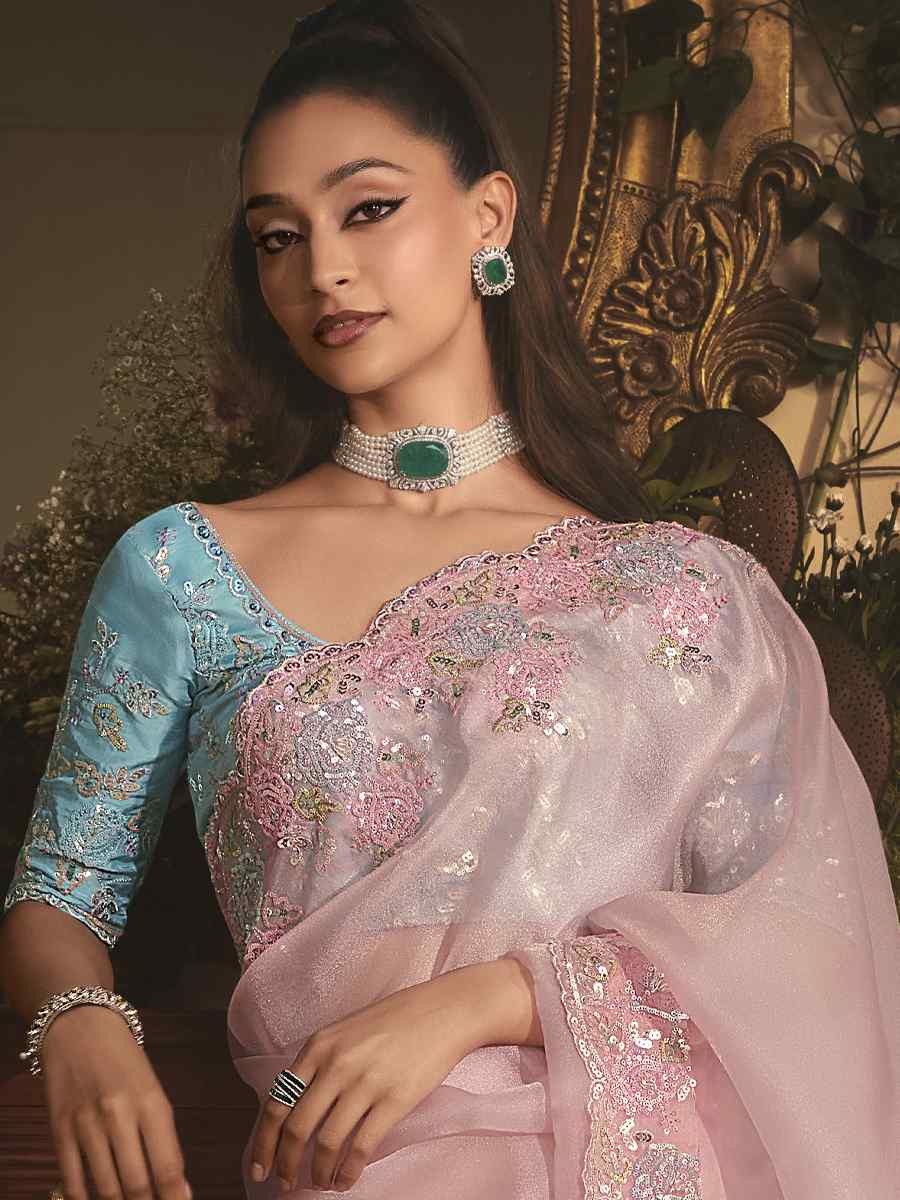 Pink Tissue Organza Embroidery Traditional Bridal Reception Festival Wedding Fancy Heavy Border Saree