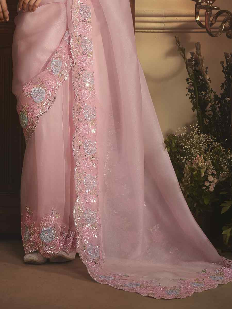 Pink Tissue Organza Embroidery Traditional Bridal Reception Festival Wedding Fancy Heavy Border Saree